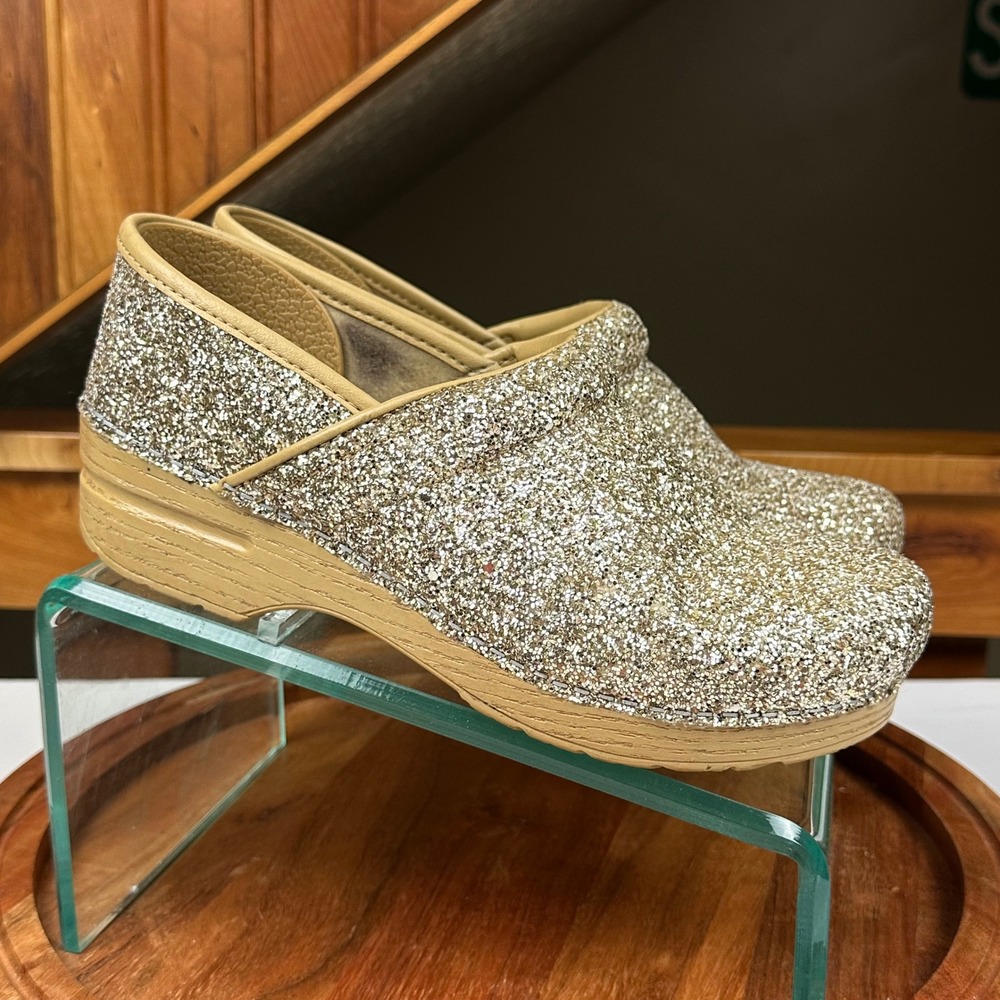 Dansko Professional Clogs Champagne Gold Glitter Leather Shoes Womens 39